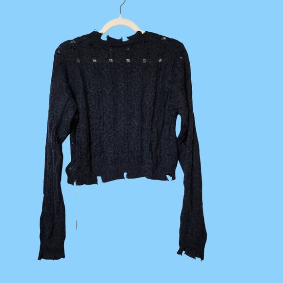Commense Goth Grunge Distressed Black Knit Cropped Raw Hem Long Sleeves Sweater - Picture 4 of 6